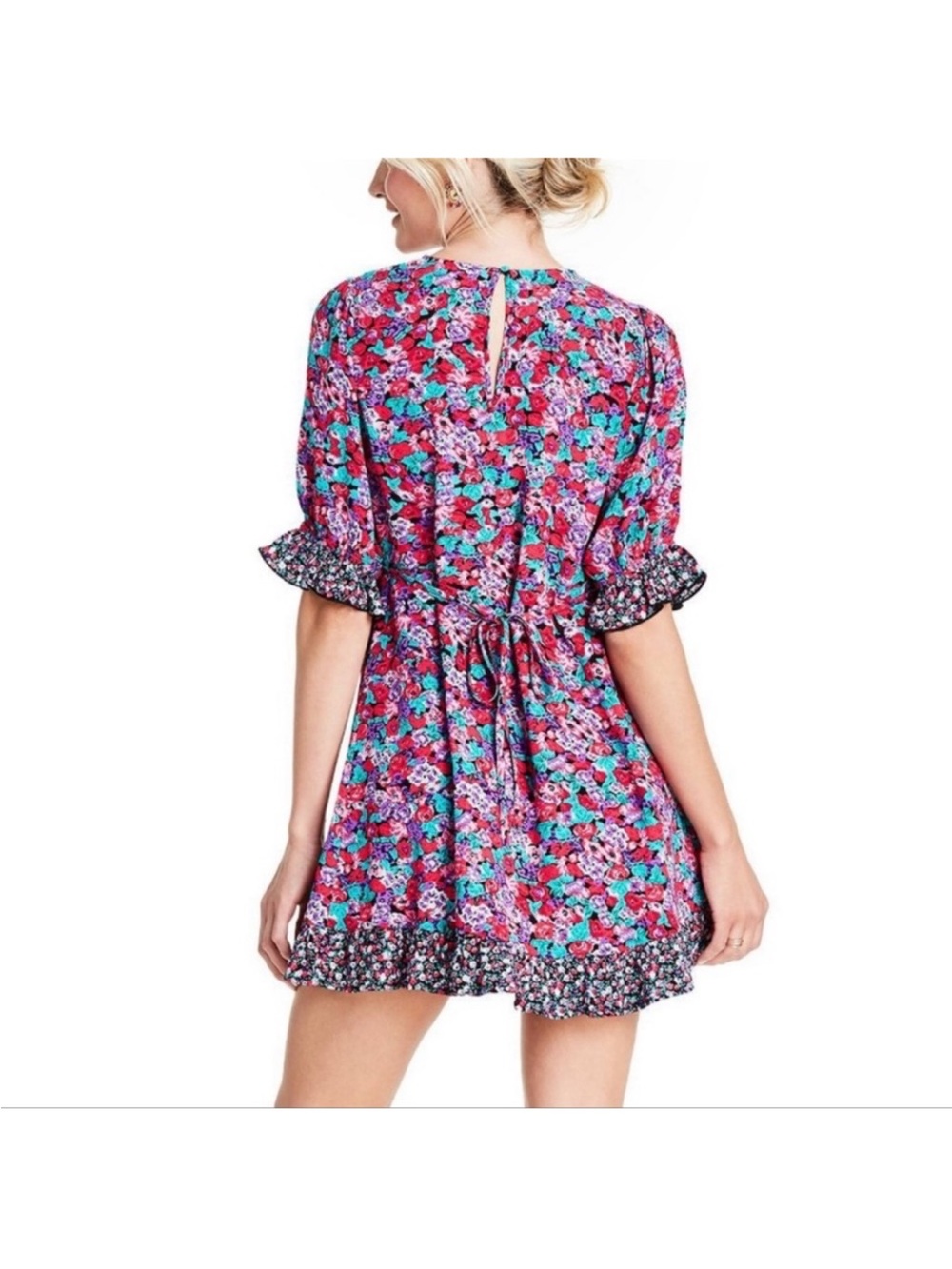 RIXO Multicolor Floral Tie-Waist Mini Dress
